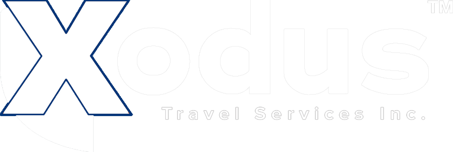 Logo for Xodus Travel Services Inc. featuring a large blue-outlined X followed by the company name in white text on a light background.