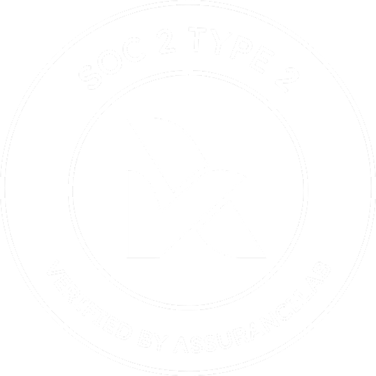 A white circular badge displaying SOC 2 Type 2 at the top, Verified by AssuranceLab at the bottom, and a stylized logo in the center.