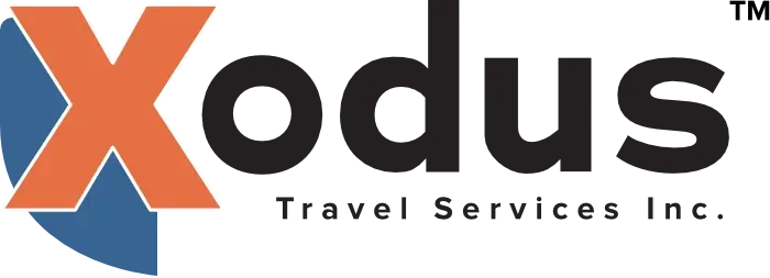 Logo for Xodus Travel Services Inc. featuring a large orange X followed by black lowercase letters spelling odus and the text Travel Services Inc. below.