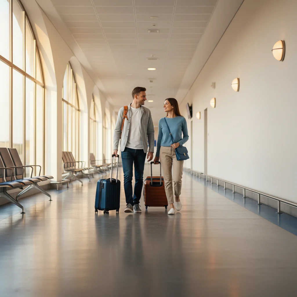 A man and woman walk side by side in an airport terminal, each carrying a suitcase and looking at each other.