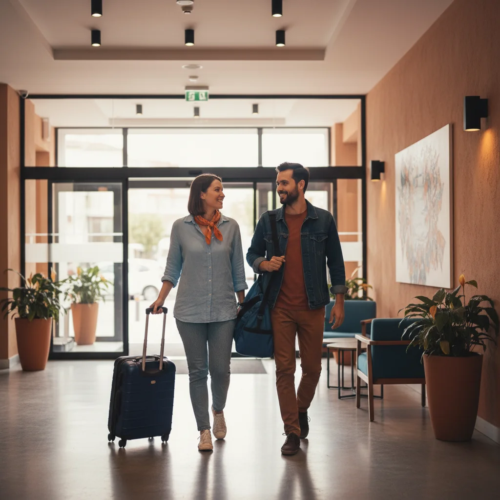 A man and woman walk through a hotel lobby with luggage, appearing to have just arrived or are heading out, in a warmly lit, modern interior.