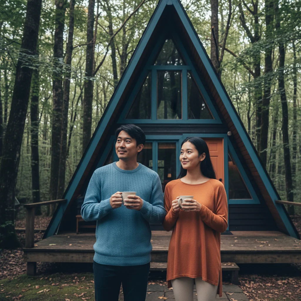 A man and woman stand in front of an A-frame cabin in the woods, each holding a mug and looking to the side.