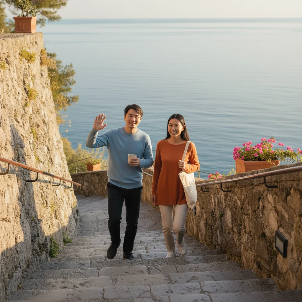 A man and woman walk up stone stairs beside a stone wall with flowers, with a calm sea in the background; the man is waving and holding a cup.