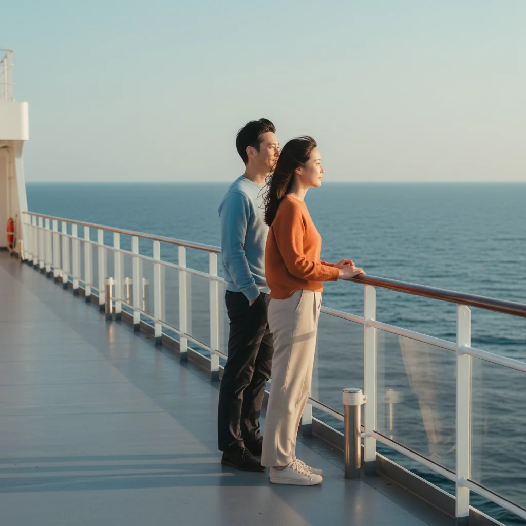 Two people stand on the deck of a ship, looking out at the ocean on a clear day.