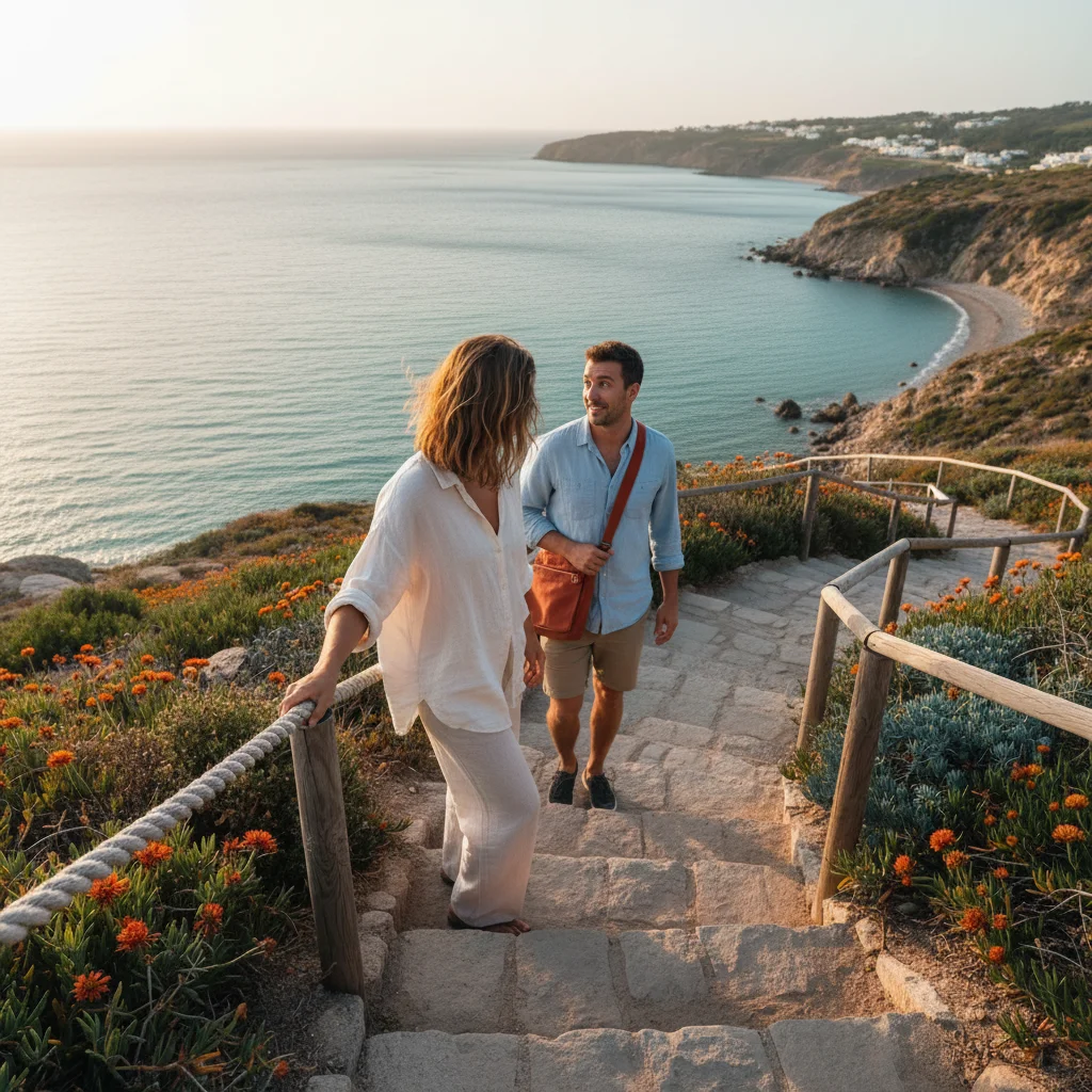 A man and woman walk up stone steps along a coastal cliffside path with ocean and beach views, surrounded by orange flowers and greenery.