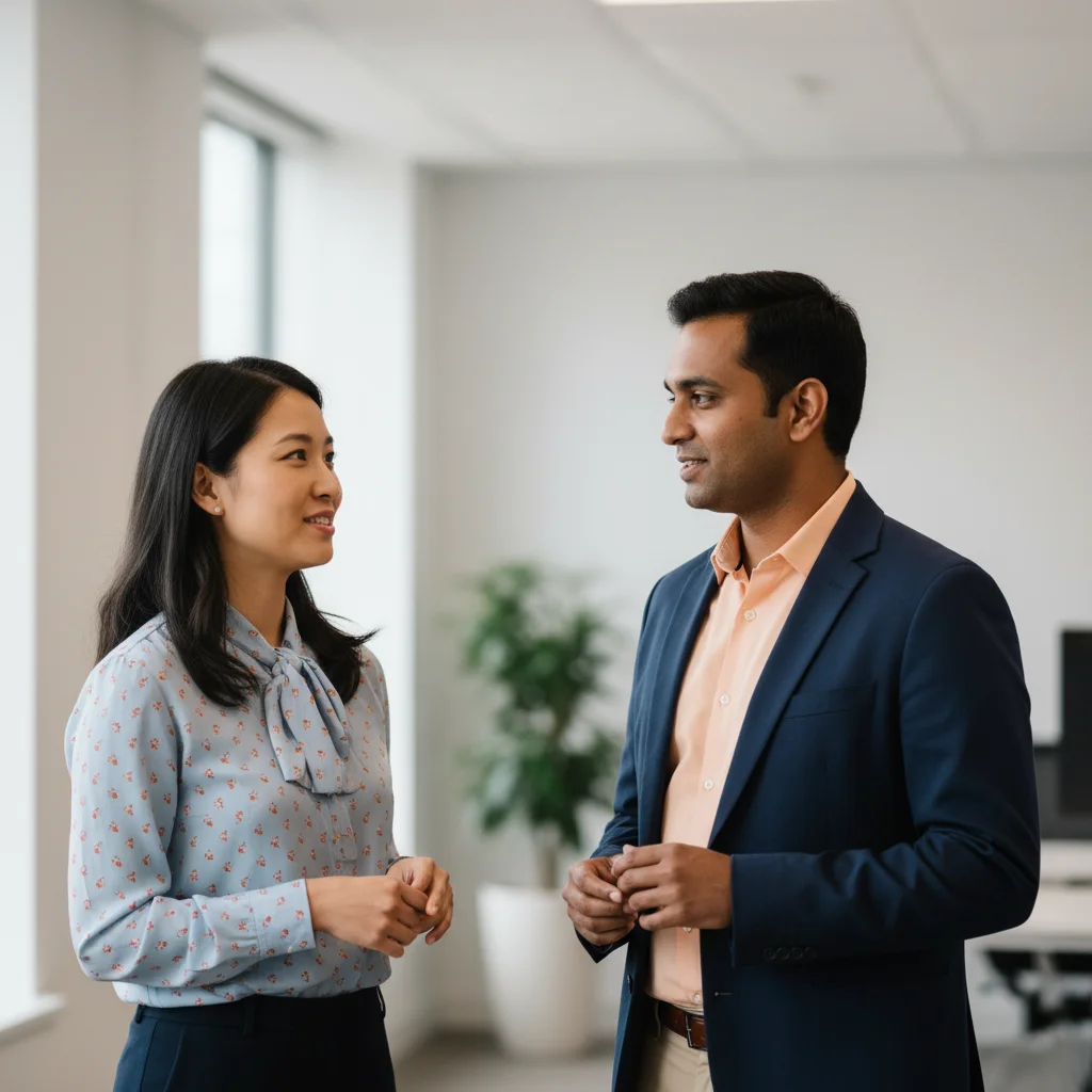 Two people in business attire stand facing each other in an office, engaged in conversation. A window and a potted plant are visible in the background.