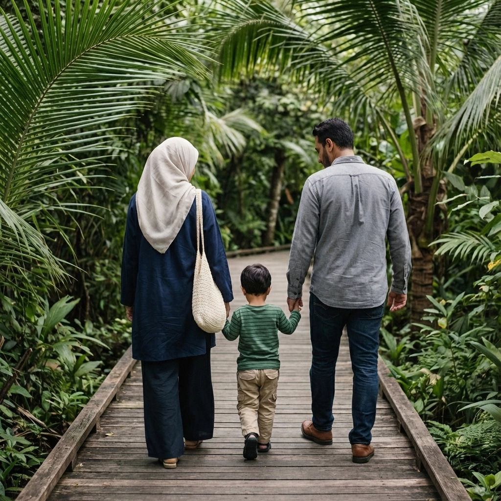 A family of three walks hand in hand along a wooden path surrounded by dense tropical greenery.