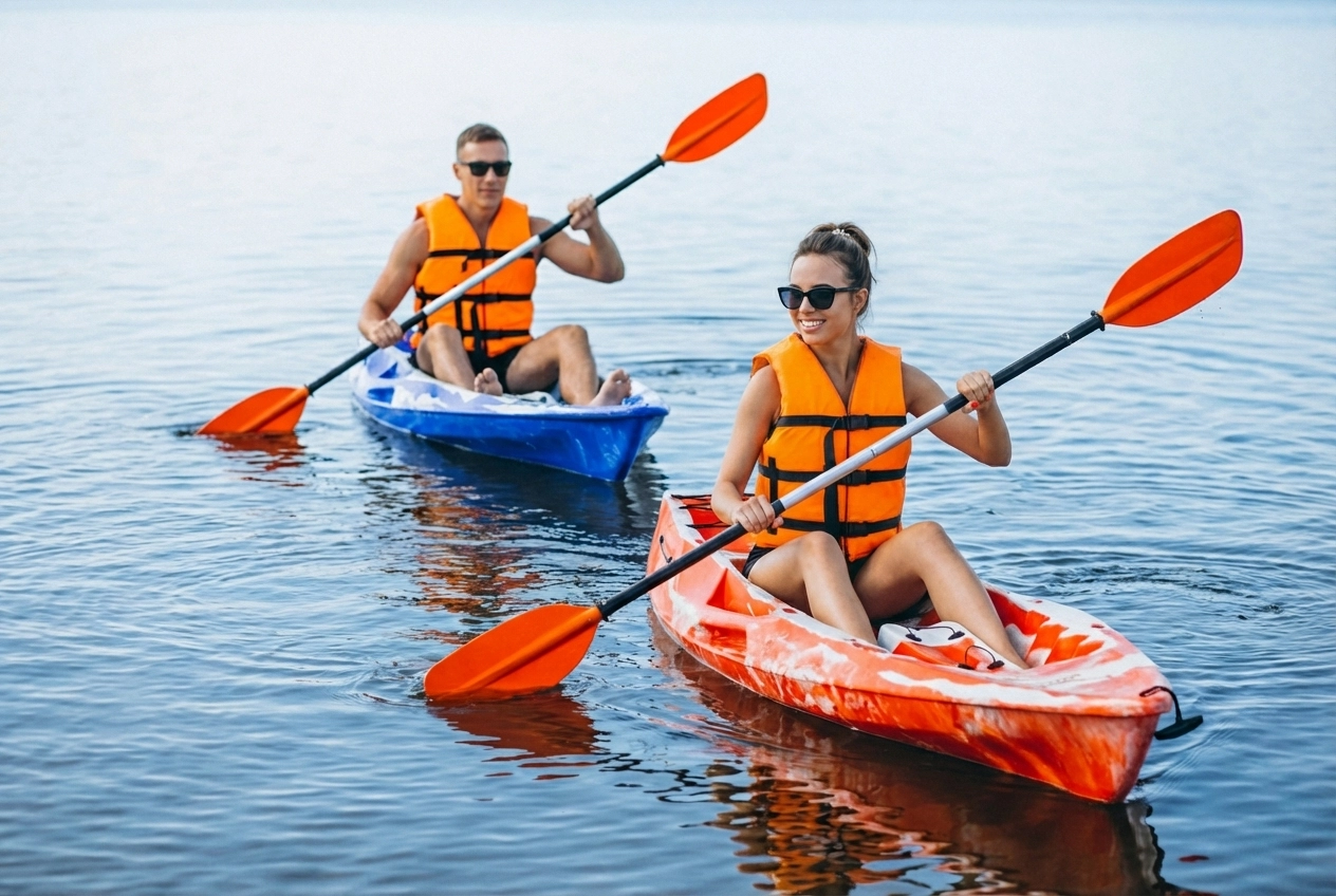 Two people wearing life vests are kayaking on calm water, each in a single kayak, using orange paddles.
