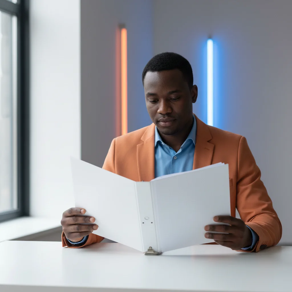 A man in an orange blazer sits at a white table, reading a large open folder. Blue and orange vertical lights are on the wall behind him.