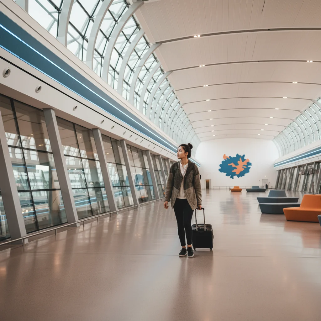A person with a suitcase walks through a modern, spacious airport terminal with large windows, curved ceiling, and colorful seating.