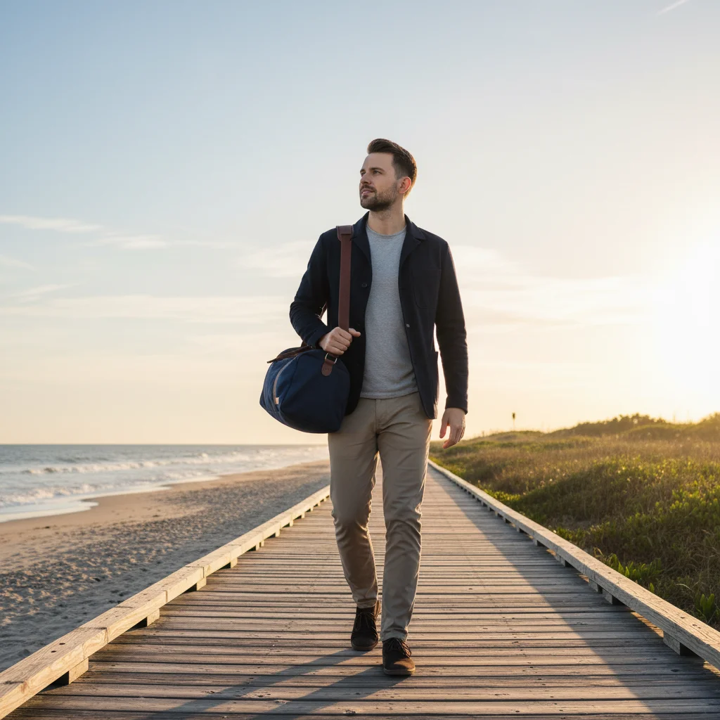 A man walks alone on a wooden boardwalk beside a beach at sunset, carrying a duffel bag and dressed in casual clothing.
