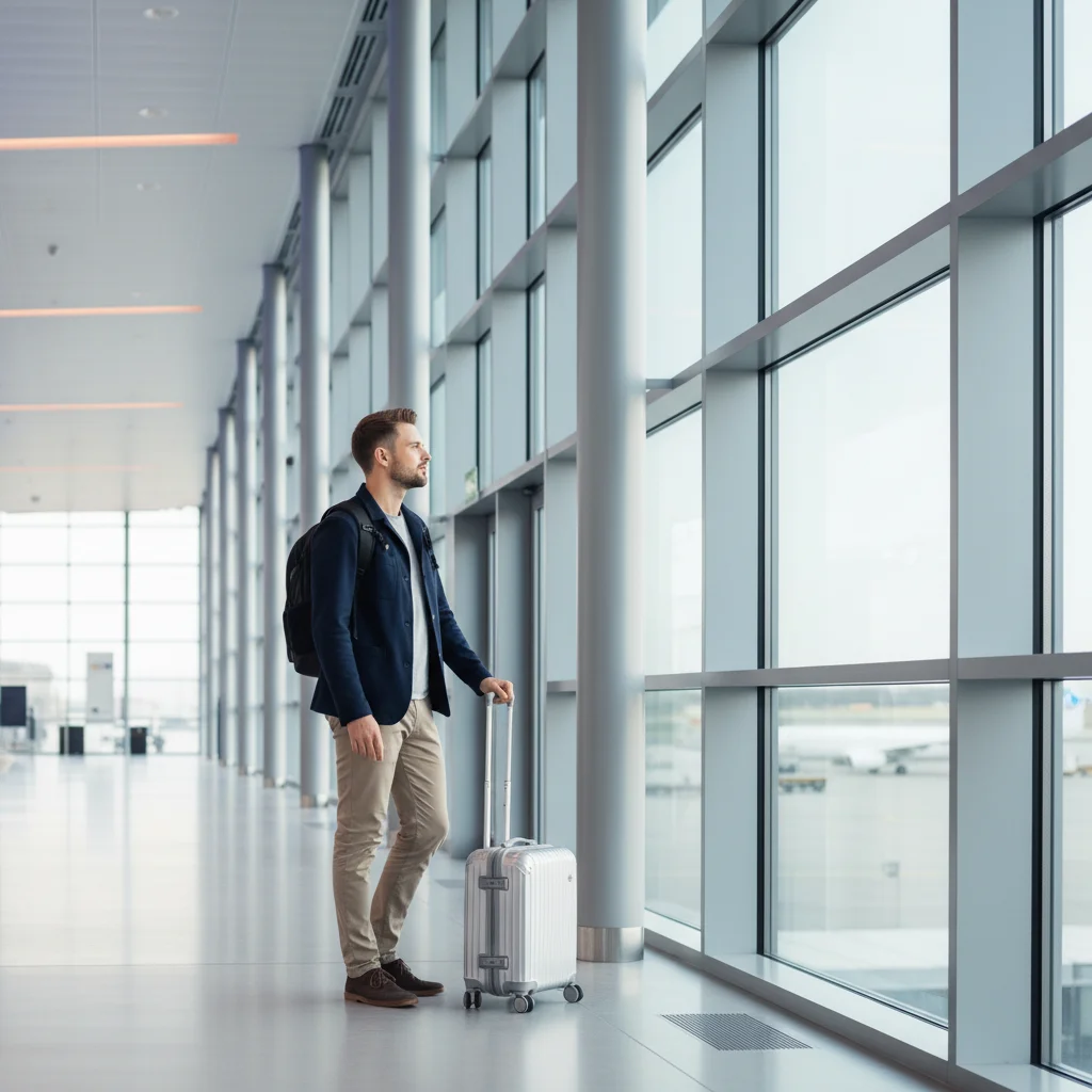 A man with a backpack and a rolling suitcase stands in an airport terminal, looking out the large windows at the runway.