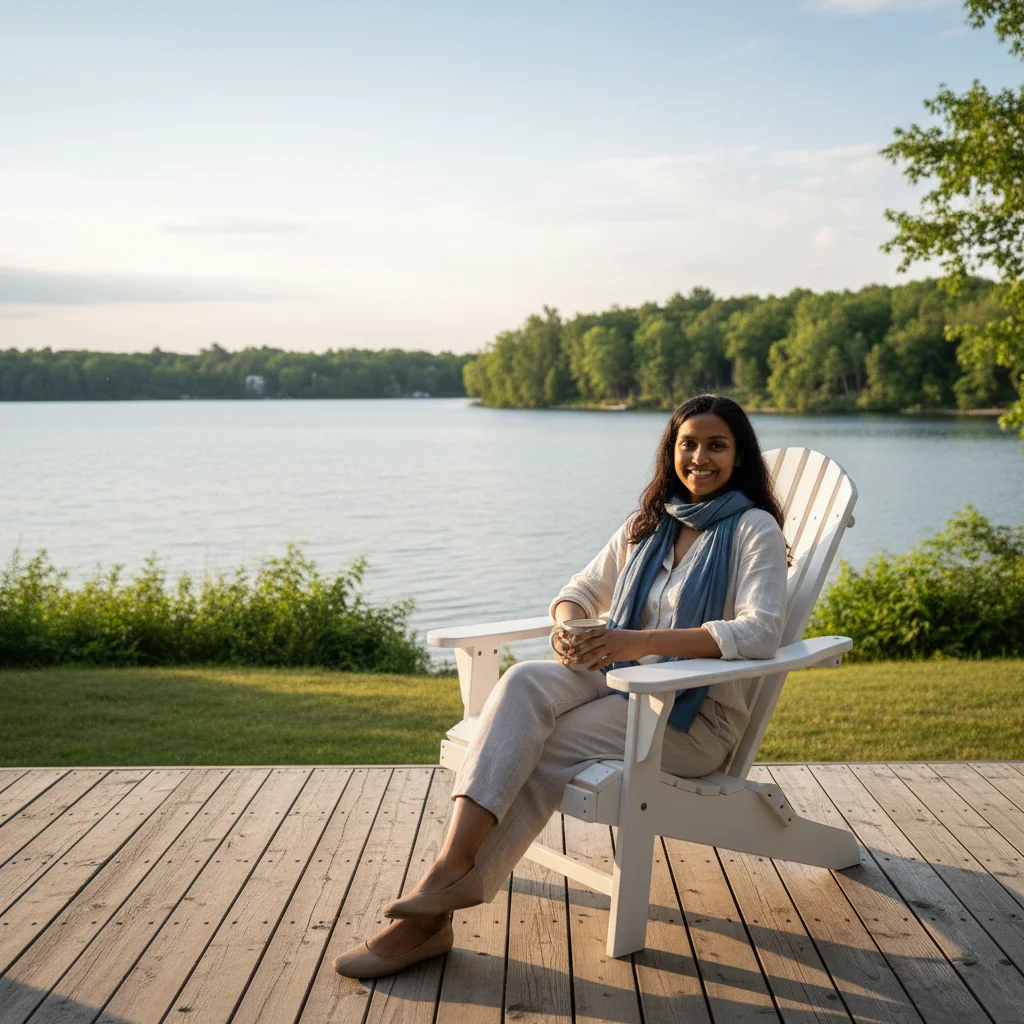 A woman sits on a white Adirondack chair on a wooden deck, with a lake and trees in the background under a clear sky.