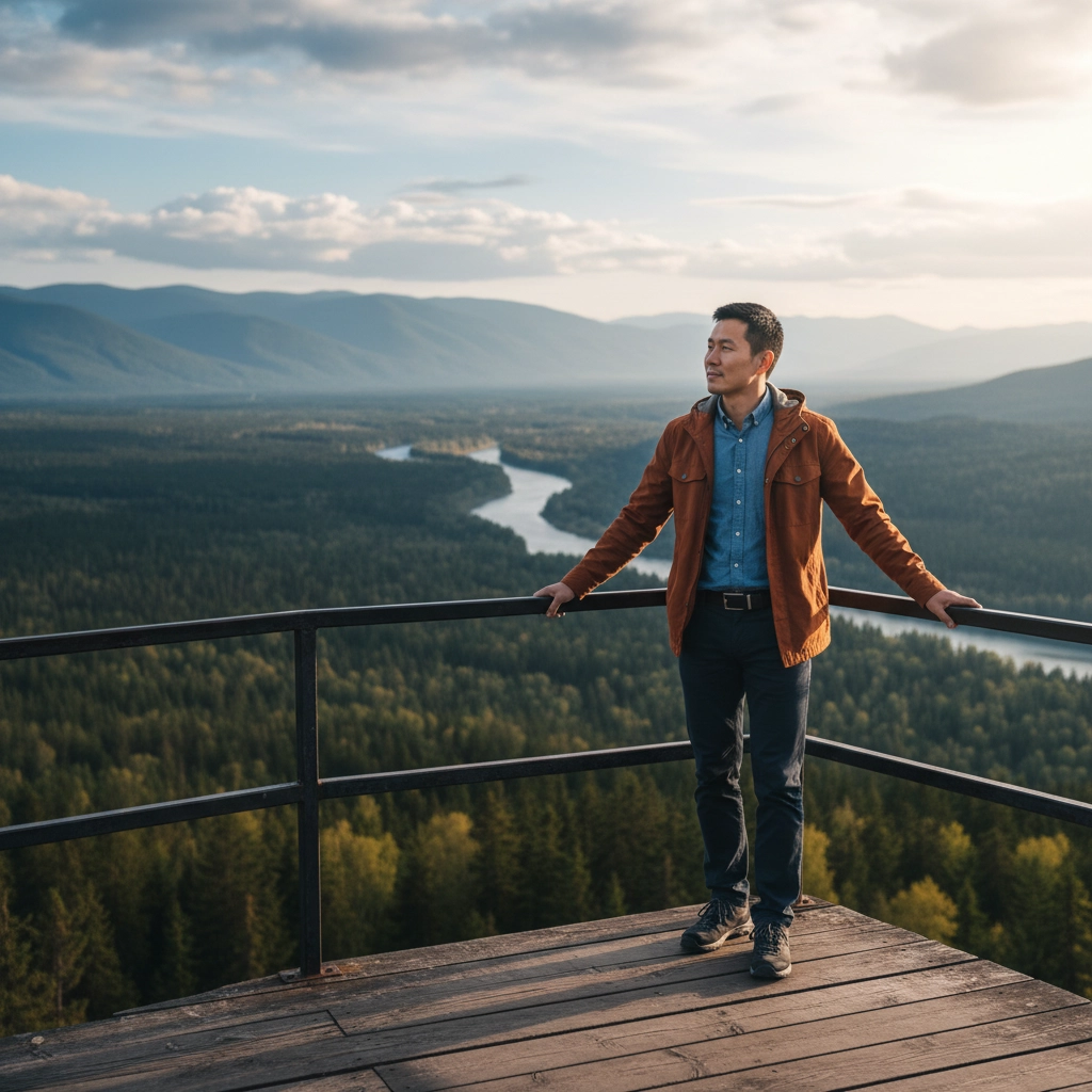A man stands on a wooden platform with a metal railing, overlooking a forested valley and winding river with mountains in the distance.