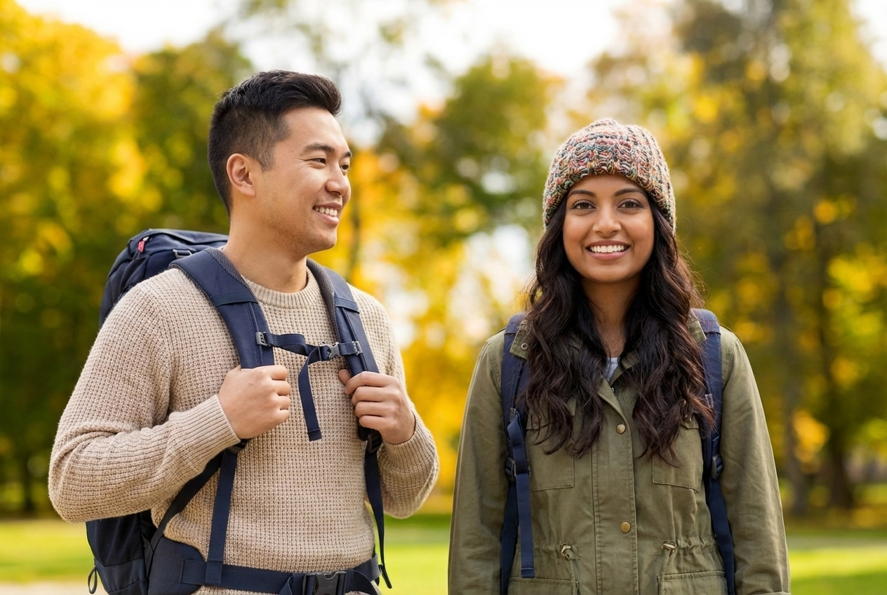 Two people wearing backpacks and warm clothing stand outdoors, smiling, with trees featuring autumn foliage in the background.