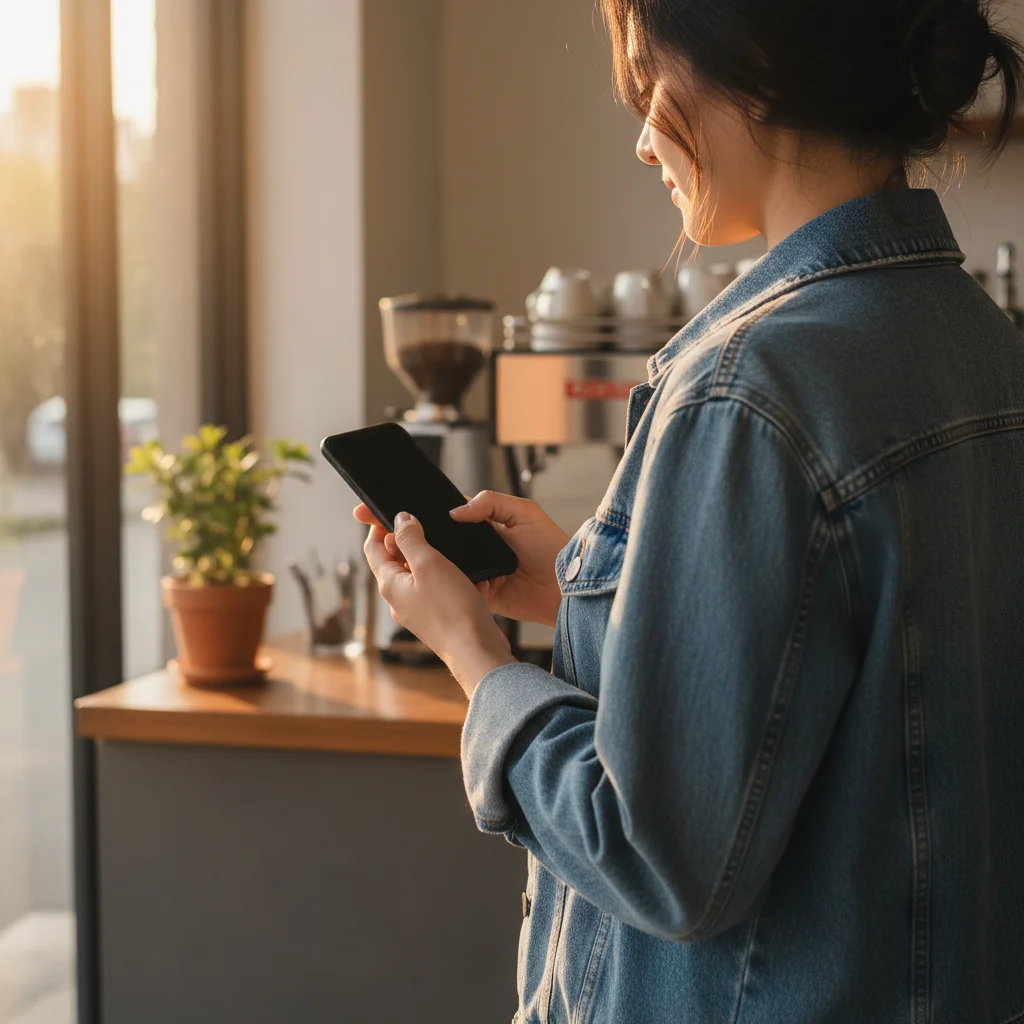A person in a denim jacket uses a smartphone while standing in a sunlit kitchen with a potted plant and coffee maker on the counter.