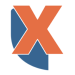 An orange letter X overlays a blue curved shape on a light gray background.