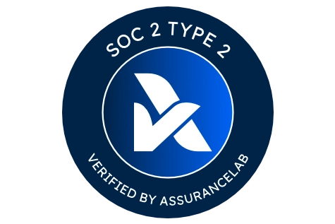 A circular badge with the text SOC 2 TYPE 2 VERIFIED BY ASSURANCELAB surrounding a white abstract logo on a blue background.