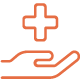An orange outline of a hand with a medical cross above it, symbolizing healthcare or medical assistance.