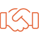 Orange outline icon of two hands shaking, symbolizing agreement or partnership, on a light background.