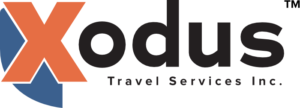Logo for Xodus Travel Services Inc. featuring a large orange X followed by the word odus in black, with a blue semi-circle in the background.